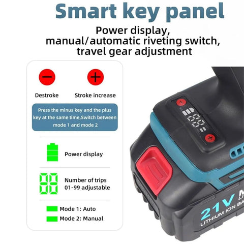 Smart key panel of Pro Level Cordless Electric Rivet Nut Gun, featuring buttons for power display and mode selection.
