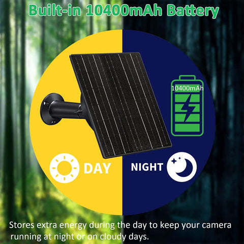 10W Solar Panel For Trail Cam With Built In 10400 Mah Battery Pack shows solar panel mounted for day and night use.