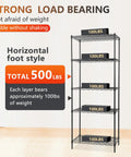 Five Tier Heavy Duty Wire Shelving Unit With Adjustable Metal Storage Rack For Garage And Pantry NSF Certified in black, holding 500 pounds.