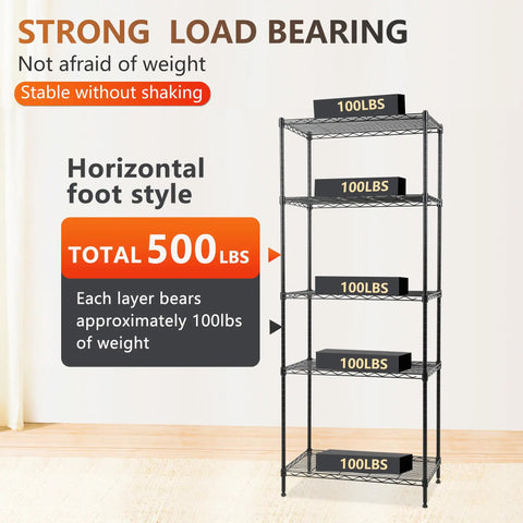 Five Tier Heavy Duty Wire Shelving Unit With Adjustable Metal Storage Rack For Garage And Pantry NSF Certified in black, holding 500 pounds.