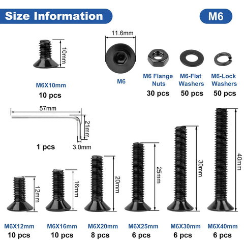 Size information for 206 Piece M6 Hex Socket Cap Screw Assortment Kit Includes Allen Bolts Nuts And Washers Plus Hex Key Wrench Grade 10 Point 9 Black Alloy Steel 10 To 40 Millimeters.