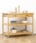 Wooden kitchen cart with shelves and drawers on Set Of Four 3 Inch Caster Wheels With Locking Brakes, Rubber Heavy Duty Casters