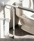 Heavy Duty Flip Up Toilet Grab Bar With Adjustable Length And Height for seniors, mounted by the toilet, foldable with rubber grip.