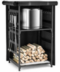 Fire Pit Storage Station For Solo Stove And Other Fire Pits With Heavy Duty Steel Frame And Waterproof Cover Wood Storage Cabinet With Adjustable Shelves For Logs And Fire Pit Accessories Up To 220 Lbs Per Tier, shown with logs and tools
