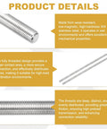 M14 x 1.5mm 304 stainless steel fully threaded rod, 200mm long, right-hand threads; close-up thread detail.