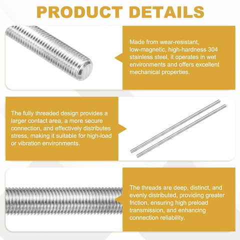 M14 x 1.5mm 304 stainless steel fully threaded rod, 200mm long, right-hand threads; close-up thread detail.