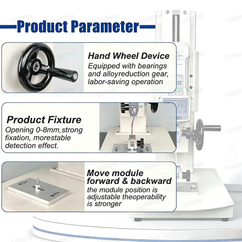 Straight Up Heavy Duty Digital Pull Force Tester And Manual Force Gauge Stand With 270 mm Stroke showing hand wheel and fixture details.
