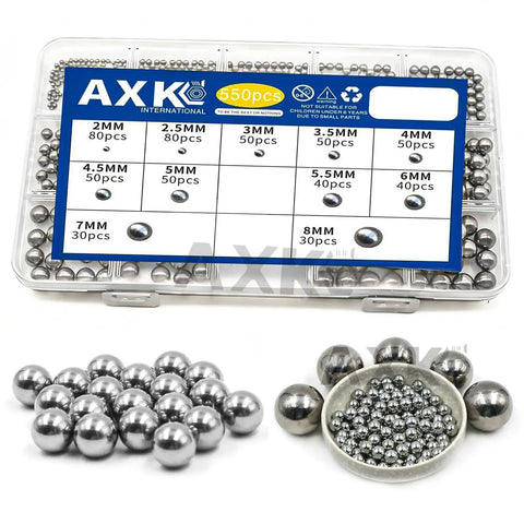 Top Tier 550 Piece Ball Bearings Assortment Kit Featuring Eleven Slick Sizes 2mm To 8mm GCr15 Steel precision balls in storage box.