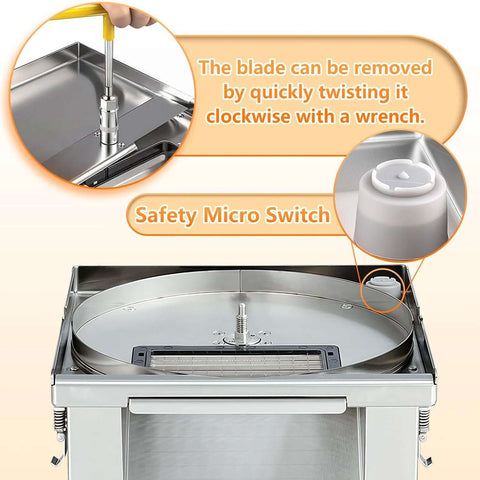 Front view of a stainless steel 4-in-1 commercial vegetable processor with 110V and circular cutting disc