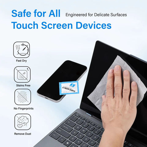 Hand using Streak Free Crystal Clear Electronic Wipes For Screens Pre Moistened Screen Cleaner on a laptop and phone screen