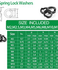Spring Lock Washers Assortment Kit With 9 Sizes M2 To M12, 950 Pieces, Black Zinc Plated Metal Lock Washers For Screws And Bolts, Must Have DIY Home And Workshop Fixes, size chart and black washers