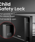 No Sweat Compact Countertop Microwave Oven 0.7 Cubic Foot 700 Watts features child safety lock and release trigger mechanism.