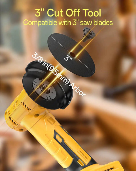 Tough As Nails Compact Three Inch Brushless Circular Saw Slides Right On To Your DeWalt 20 Volt Battery showing 3" cut off tool close-up.