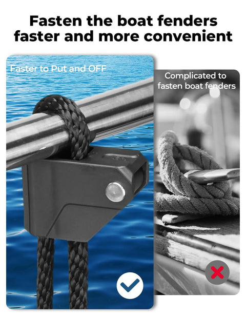 Boat Fender Clips Quick Release Adjustable Bumper Clips For Boats on rail showing secure, easy attachment beside traditional method.