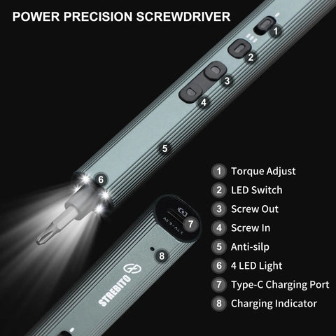 Boss Level Electric Screwdriver Tool Kit With 155 Precision Bits For Quick Fixes And Reliable Performance Featuring Variable Torque Settings And Compact Ergonomic Handle For Any Project, showing features and buttons.