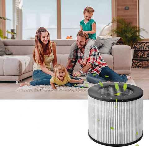 Family in living room beside Two Pack Replacement Filter for Bissell 2801 2780 2780A 27809 MyAir Personal, High Efficiency Carbon Filter