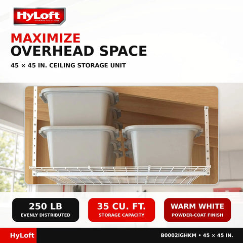 Keep That Garage Floor Clear Heavy Duty Overhead Storage Rack Adjustable Ceiling Mount 45 By 45 Inch Steel Hanging Shelf stacked with bins.