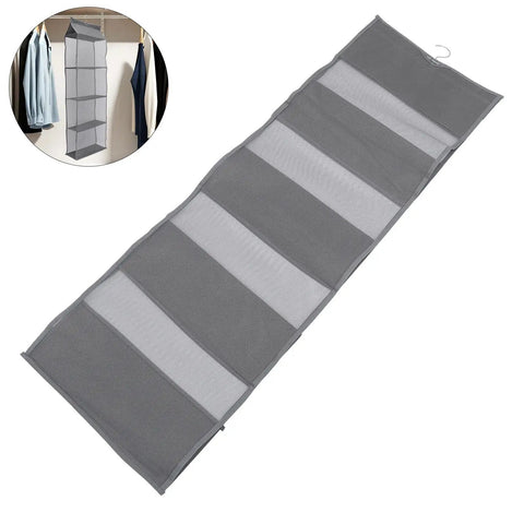 Rock Solid Four Layer Closet Hanging Shelf With Sturdy Hook Nonwoven Mesh Bag Organizer Space Saver for clothes in gray.