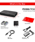 On The Go Wireless Portable Printer With 50 Sheet Paper Tray And 1.44 Inch Display, cables, ink cartridges, and documentation.