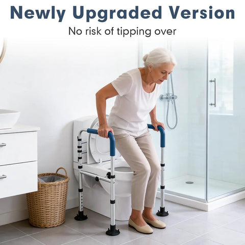 Elderly woman using Heavy Duty Toilet Safety Rail With Reinforced Wheel Support Frame And Anti Slip Locking Feet in bathroom.