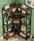 Sick Seven Tier Corner Shelving Unit For Living Room Or Office With Industrial Chic Vibe And Heavy Duty Metal Frame Engineered Wood Bookshelf For Game Changing Storage And Clean Room Setup, top view in green room.