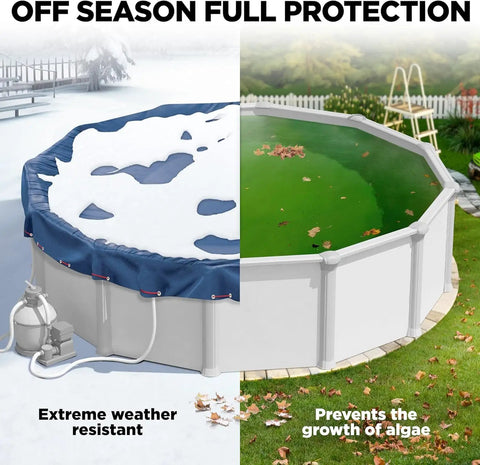 Heavy Duty 18 Ft Round Winter Pool Cover For Above Ground Pools In Navy Blue, showcasing snow and falling leaves.