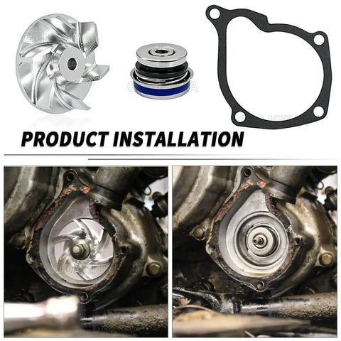 Boss Move Water Pump Rebuild Kit for Polaris Rig with Impeller Bearing Seal and Driver Tools Set Fixes Leaks Fast Fits Sportsman installation images showing aluminum impeller and seal.