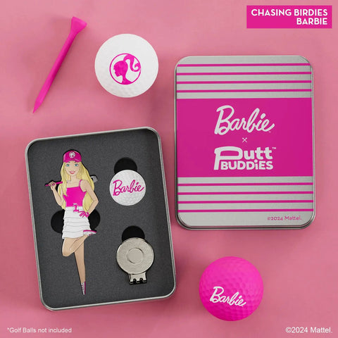 Barbie Chasing Birdies Golf Divot Tool And Ball Marker Set in tin box with Barbie-themed designs and magnetic hat clip.