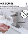 Modern Single Handle Gold Vessel Sink Faucet With Brushed Gold Finish, water flowing, hand under spout, easy temperature control.