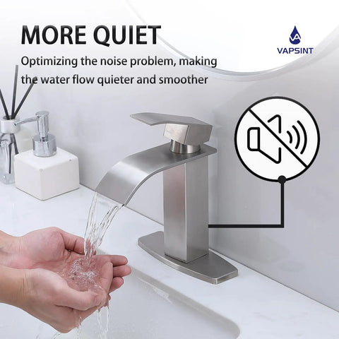 Modern Single Handle Gold Vessel Sink Faucet With Brushed Gold Finish, water flowing, hand under spout, easy temperature control.