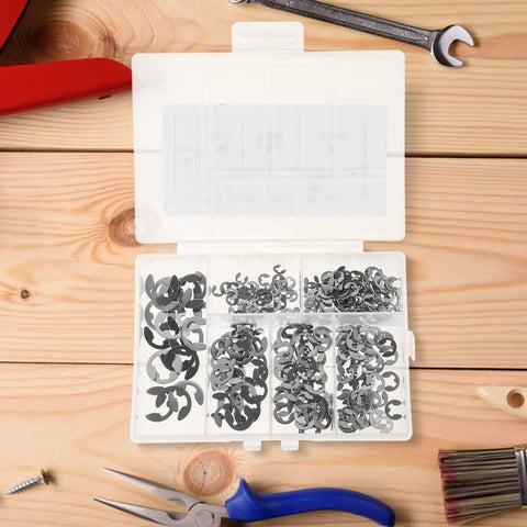 Stainless Steel E Shaped Retaining Ring Kit 300 Pcs With Open Split Washers For Shaft Grooves Rust Resistant Indoor Outdoor Use Heavy Duty Circlip Assortment For Machinery in storage case
