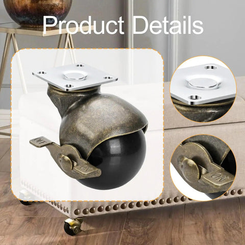 Four Pack Top Shelf Brass Ball Casters For Furniture Antique Finish Swivel Wheels With Secure Top Plate 1.5 Inch Heavy Duty Roller Units With Brake