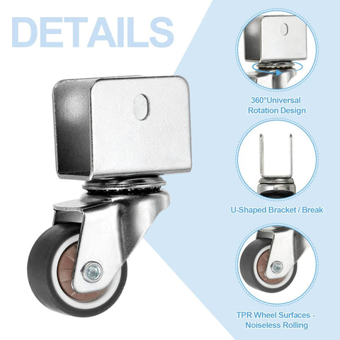 1 Inch Swivel Caster Wheels Set, 4 Pieces, 0.7 Inch U Bracket Opening, 55 Lb Capacity Per Caster for furniture and office chairs