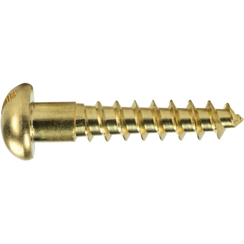 No Nonsense Brass Wood Screws Slotted Round Heads Size Two Deep Coarse Threads For Diy Woodworking And Shop Repair Dead On Hardware Collection showing a close-up of a brass screw.
