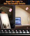 Clip On Reading Light With Memory Function 3 Color Temperatures And 10 Brightness Levels 360 Degree Gooseneck Desk Lamp For Bedside Reading positioned over artwork and desk