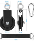 3.54 In Cable Pulley 360 Rotation Traction Wheel With Carabiner And Strap Silent Smooth Detachable Heavy Duty Rig For Diy Home Gym Pulley System dimensions and components.