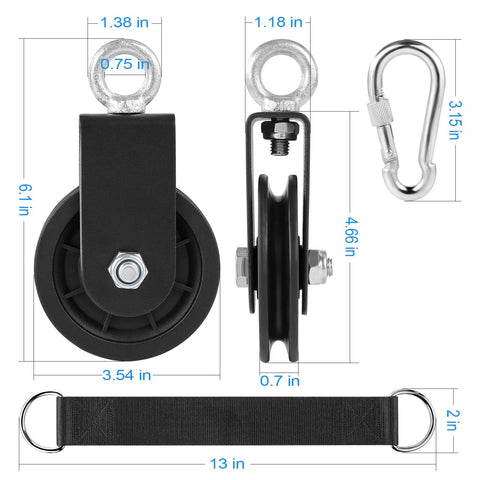3.54 In Cable Pulley 360 Rotation Traction Wheel With Carabiner And Strap Silent Smooth Detachable Heavy Duty Rig For Diy Home Gym Pulley System dimensions and components.