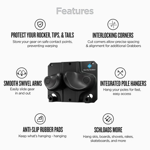 Features of Badass Gravity Lock Ski And Snowboard Wall Storage Rack with anti-slip pads and smooth swivel arms.