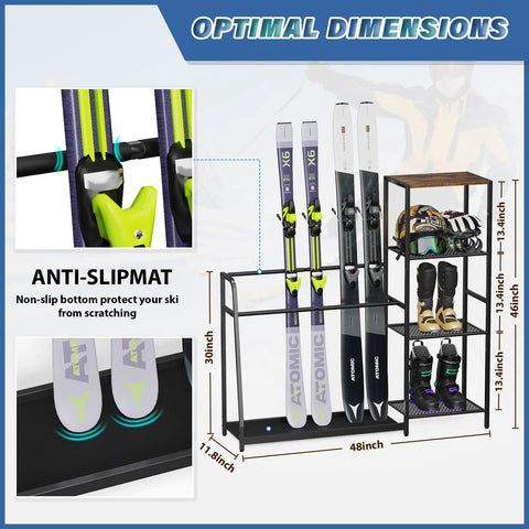 Freestanding Ski And Snowboard Rack Keeps Your Gnarly Shred Gear Totally Organized Holds Three Boards And Four Sets Of Skis With Boots Helmets Poles And Extras For Heavy Duty Garage Storage, showcasing optimal dimensions and features.