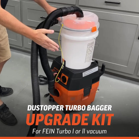 Dustopper Turbo Bagger Upgrade Kit for Fein Turbo I or II, featuring a cyclonic separator bucket and hose setup.