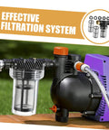 Heavy Duty Inline Water Sediment Filter for Garden Hose or Car Wash Rig with Quick Connect Fitting attached to pump.