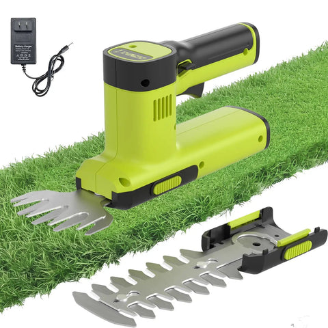 12V Cordless 2 In 1 Hedge Trimmer And Grass Shears For Quick No Fuss Pruning with charger and blades on grass