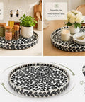 Game Changing 12.5 Inch Wooden Lazy Susan Turntable with a Sharp Black Leaf Design and Authentic Mother Of Pearl Inlay.
