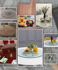Images of Heavy Duty Tempered Glass Lazy Susan Turntable 32 Inch Round Rotating Tray Kitchen Dining Table Server with various foods and drinks.