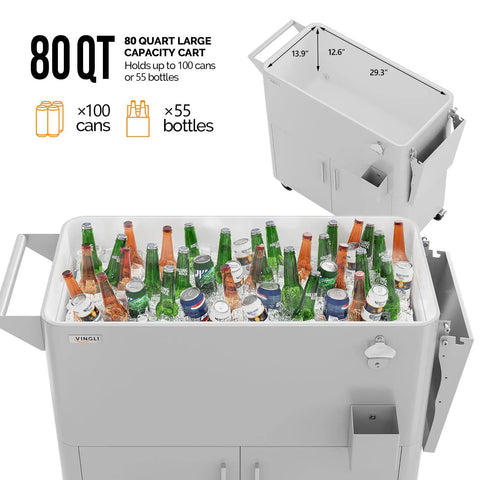 80 Quart Rolling Ice Chest On Wheels For Outdoor Parties with built-in storage cabinet, open lid showing drinks inside