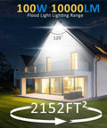 Super Rugged 100W Led Flood Lights Outdoor With Plug illuminating a home, showcasing 10000 Lm brightness at 120° angle.