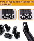 M8 T Slot Nuts Bolts And Heavy Duty Washers Assortment Kit With Hex Wrench For 4040 And 4080 Extrusions, showcasing aluminum profiles and black screws.