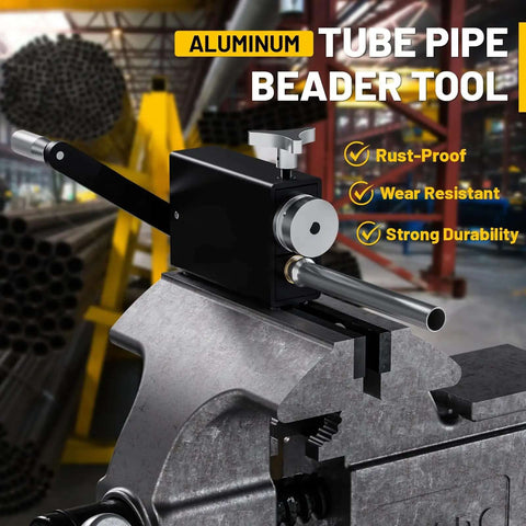 Heavy Duty Bead Roller Tool For Tube And Pipe Beading, anodized aluminum and stainless steel, fitted on vice in industrial setting