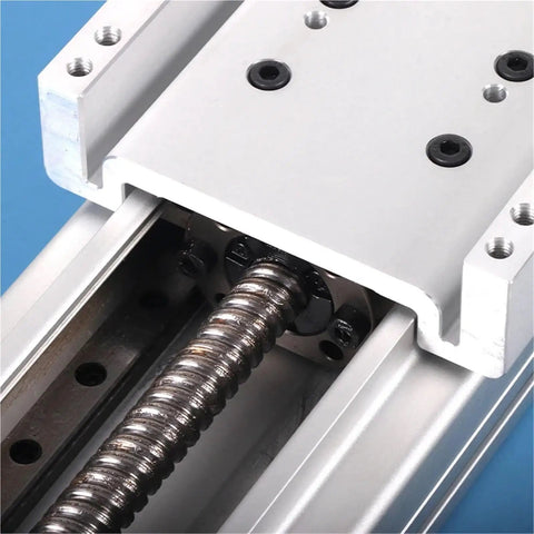 Close-up of Fully Enclosed Linear Guide Module Featuring Heavy Duty Ball Screw Drive and Silky Smooth Sliding Table.