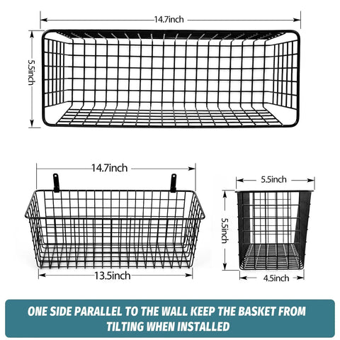 Extra Large Hanging Wall Mount Storage Baskets 4 Pack Sleek Black Wire Metal Organizer With Adhesive And Steel Hooks dimensions and design details